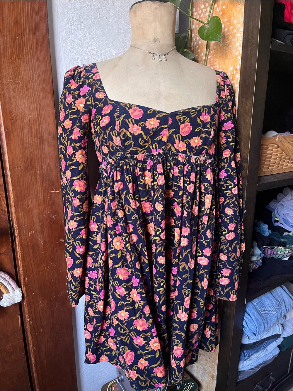 Free People Bessie Micro Corduroy Babydoll Floral Dress